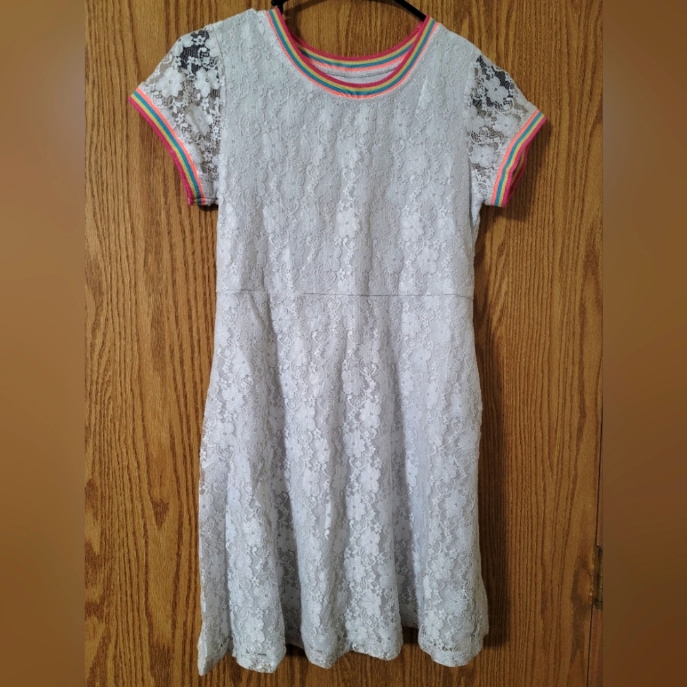 Wonder Nation Girls 10-12 Plus White Lacy Dress with Neon Striped Detail